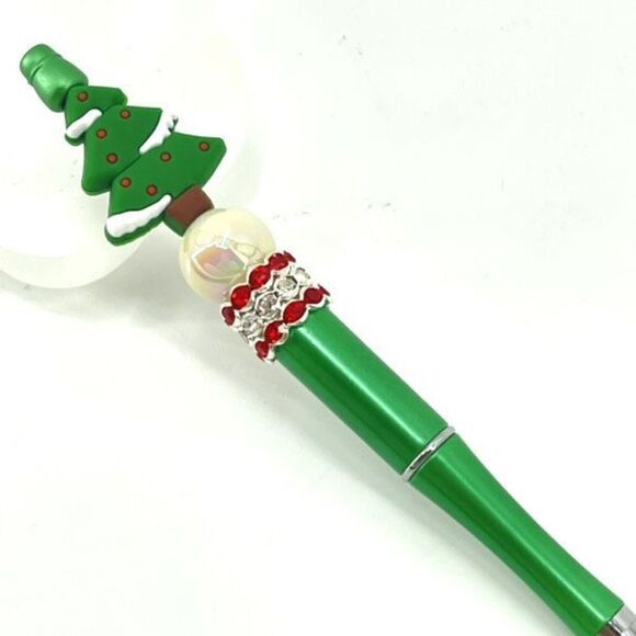 Christmas tree handmade pen NEW beads rhinestone bling red white green silver - Picture 5 of 5